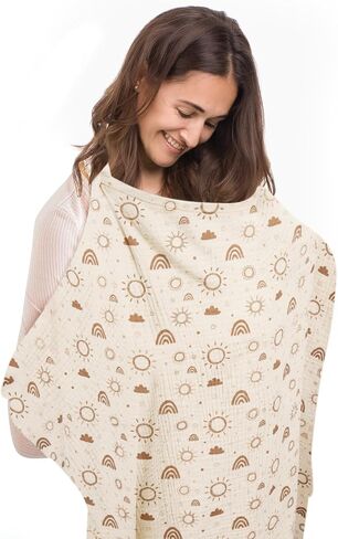 MEXXI Muslin Nursing Covers for Breastfeeding, Breastfeeding Cover with Arch Neckline,100% Cotton Breathable and Lightweight Privacy Nursing Apron 43 * 30 Inch (Beige) in Saudi Arabia