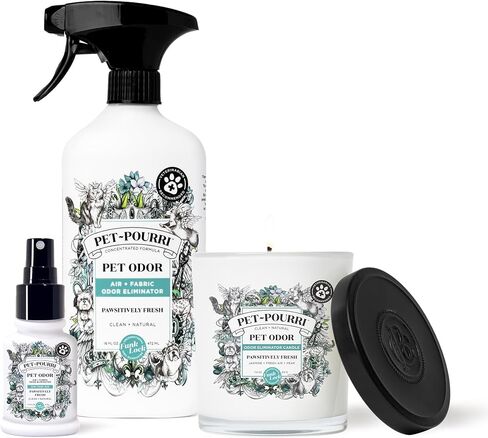 Pet-Pourri Pawsitively Fresh Pet Odor Freshener Bundle - 16 Fl Oz and 1.4 Fl Oz Air + Fabric Odor Freshener Spray, and 7.5 Oz Pet Odor Freshener Candle – Jasmine, Fresh Air and Pear in Saudi Arabia