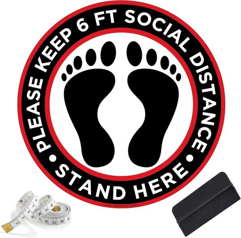 ÉLAN 10 Pack of 12" Round Social Distancing Floor Decals | Bonus Squeegee Tool & Measuring Tape | Anti-Slip Vinyl Stand Here Safety Signs for Maintaining 6 Foot Distance in Lines in Saudi Arabia
