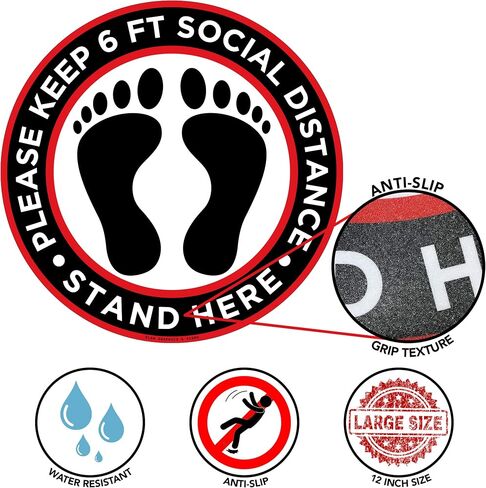 ÉLAN 10 Pack of 12" Round Social Distancing Floor Decals | Bonus Squeegee Tool & Measuring Tape | Anti-Slip Vinyl Stand Here Safety Signs for Maintaining 6 Foot Distance in Lines in Saudi Arabia