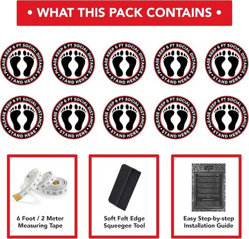 ÉLAN 10 Pack of 12" Round Social Distancing Floor Decals | Bonus Squeegee Tool & Measuring Tape | Anti-Slip Vinyl Stand Here Safety Signs for Maintaining 6 Foot Distance in Lines in Saudi Arabia
