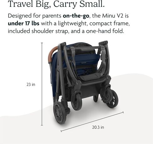 عربة سفر UPPAbaby Minu V2 / خفيفة الوزن، تصميم محمول / قابلة للطي بيد واحدة / حزام كتف وشريط ممتص للصدمات من الجلد متضمن / جيك (فحمي / إطار كربون / جلد أسود) in Kuwait