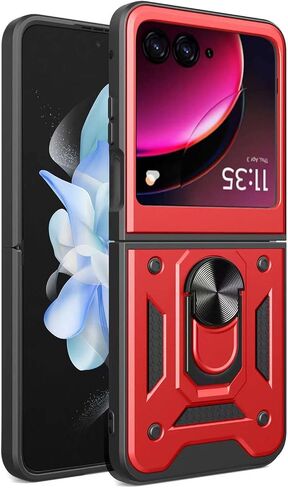 حافظة هاتف Z-flip لهاتف Motorola Razr 40 Ultra مع غطاء كاميرا ومسند مغناطيسي اجتازت الدرجة العسكرية 16 قدمًا. ملحقات الهاتف التي تم اختبارها من السقوط 2024 (أحمر) in Saudi Arabia