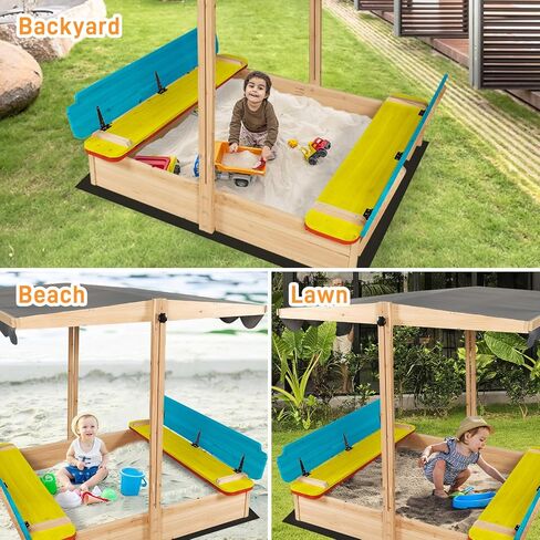 RUNSHED Kids Wooden Sandbox, Locking Lid, Canopy & Foldable Benches in Kuwait
