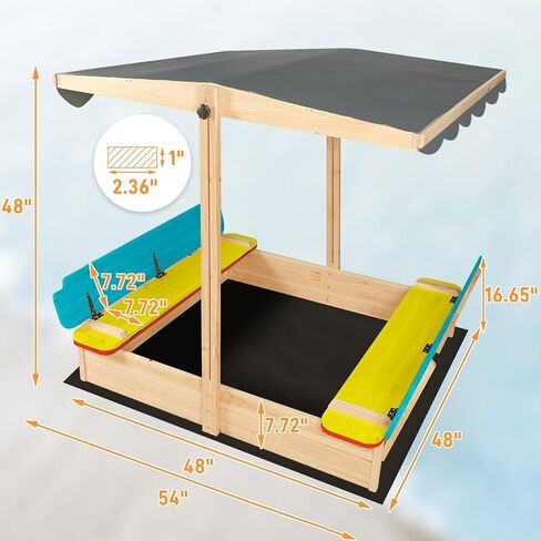 RUNSHED Kids Wooden Sandbox, Locking Lid, Canopy & Foldable Benches in Kuwait