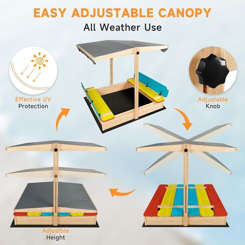 RUNSHED Kids Wooden Sandbox, Locking Lid, Canopy & Foldable Benches in Kuwait