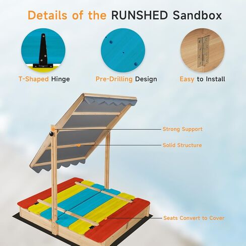RUNSHED Kids Wooden Sandbox, Locking Lid, Canopy & Foldable Benches in Kuwait