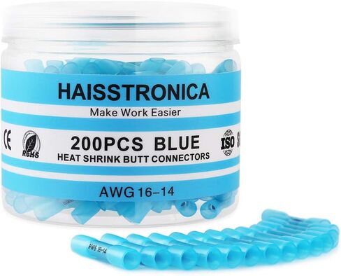 Haisstronica 200PCS 16-14 Awg Blue Heat Shrink Butt Connectors-Tinned Red Copper 0.8mm-Marine Grade Insulated Crimp Wire Connectors-Waterproof Electrical Connectors-Butt Splice for Marine,Boat,Stereo in Saudi Arabia