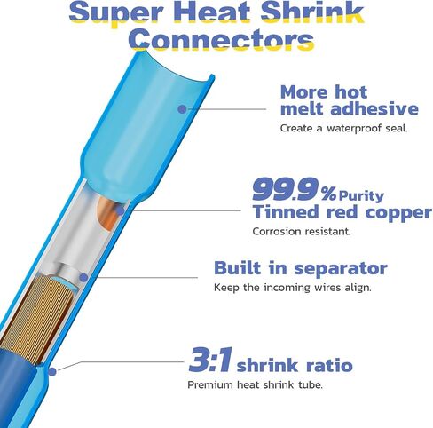 Haisstronica 200PCS 16-14 Awg Blue Heat Shrink Butt Connectors-Tinned Red Copper 0.8mm-Marine Grade Insulated Crimp Wire Connectors-Waterproof Electrical Connectors-Butt Splice for Marine,Boat,Stereo in Saudi Arabia