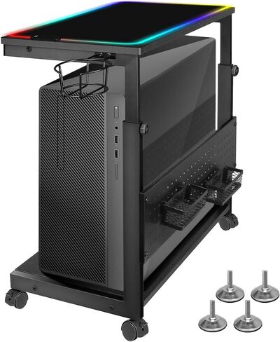 حامل برج الكمبيوتر بارتفاع قابل للتعديل، حامل وحدة المعالجة المركزية بطبقتين تحت المكتب حامل الكمبيوتر المحمول للأرضية مع عجلات دوارة وأقدام وحامل أكواب وحامل وحدة المعالجة المركزية للوحة ماوس RGB للمكتب المنزلي، أسود in Kuwait