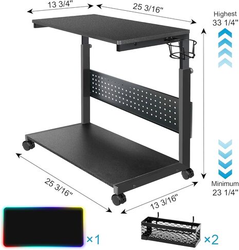 حامل برج الكمبيوتر بارتفاع قابل للتعديل، حامل وحدة المعالجة المركزية بطبقتين تحت المكتب حامل الكمبيوتر المحمول للأرضية مع عجلات دوارة وأقدام وحامل أكواب وحامل وحدة المعالجة المركزية للوحة ماوس RGB للمكتب المنزلي، أسود in Kuwait
