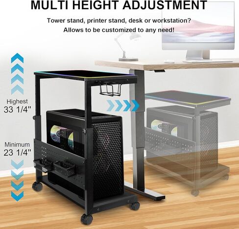 حامل برج الكمبيوتر بارتفاع قابل للتعديل، حامل وحدة المعالجة المركزية بطبقتين تحت المكتب حامل الكمبيوتر المحمول للأرضية مع عجلات دوارة وأقدام وحامل أكواب وحامل وحدة المعالجة المركزية للوحة ماوس RGB للمكتب المنزلي، أسود in Kuwait