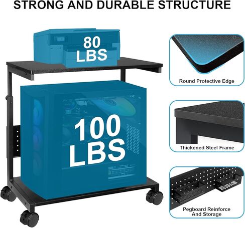 حامل برج الكمبيوتر بارتفاع قابل للتعديل، حامل وحدة المعالجة المركزية بطبقتين تحت المكتب حامل الكمبيوتر المحمول للأرضية مع عجلات دوارة وأقدام وحامل أكواب وحامل وحدة المعالجة المركزية للوحة ماوس RGB للمكتب المنزلي، أسود in Kuwait