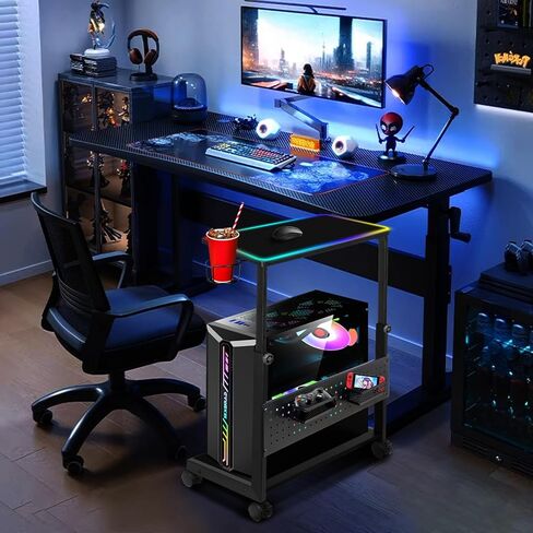 حامل برج الكمبيوتر بارتفاع قابل للتعديل، حامل وحدة المعالجة المركزية بطبقتين تحت المكتب حامل الكمبيوتر المحمول للأرضية مع عجلات دوارة وأقدام وحامل أكواب وحامل وحدة المعالجة المركزية للوحة ماوس RGB للمكتب المنزلي، أسود in Kuwait