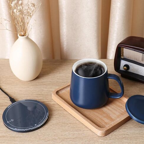 كوب سيراميك ذاتي التسخين من APEKX - 130 درجة فهرنهايت / 55 درجة مئوية تحكم مثالي في درجة الحرارة، قاعدة شحن لاسلكية للهاتف بقدرة 15 وات - سعة 12.8 أونصة سائلة/380 مل مع USB-C (بحري عميق) in Kuwait