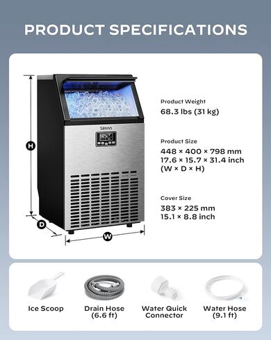 Silonn Commercial Ice Maker, Creates 150lbs in 24H, 33lbs Ice Storage Capacity, Stainless Steel Freestanding Ice Maker Machine with Auto Self-Cleaning for Home Office Bar Parties (SLIM12T) in Saudi Arabia
