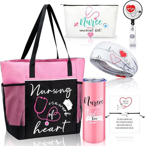 6 Pcs Nurses Gifts Nursing Graduation Gifts for Nurse Work Bags for Women, Nurses Bag, Tumbler, Cosmetic Bag, Badge Reel, Bracelet, Headband for Nurse Accessories Nurse Appreciation Gift, Pink in Saudi Arabia