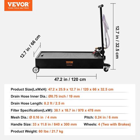 VEVOR Low Profile Oil Drain Pan, 20 Gal Oil Drain Pan with Pump, Oil Change Pan with 180W Electric Pump, 8.2ft Hose & Folding Handle, Rolling Oil Drain Cart for Trucks, Buses, RVs in Saudi Arabia