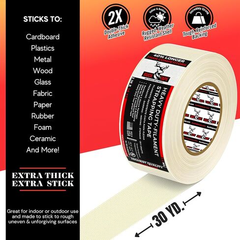 Buck Strapping Tape 2 Inch x 30 Yds (90ft) - 5.5Mil Thickness, Heavy Duty Industrial Grade Mono Directional Fiberglass Reinforced Filament Tape with Synthetic PET Adhesive for Bundling & Palletizing in Saudi Arabia