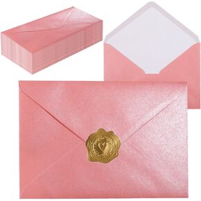 A7 Self-Sealing Pink Envelopes 50 Pcs - 5x7 Inches (5.31×7.67in) Premium 120g Pearl Glitter Paper - Printable & Writable for Wedding Invitations, Greeting Cards - Includes Gold Stickers in Kuwait