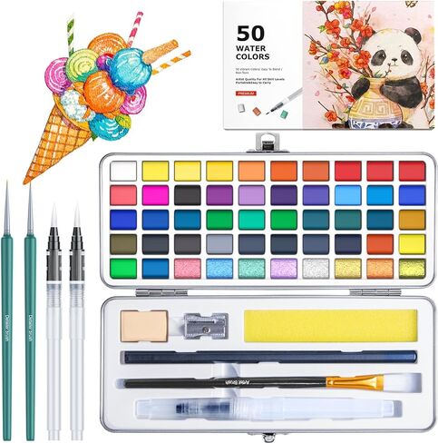 Watercolor Paint Set, 50 Colors Portable Travel Water Color Kit with 6 Brushes, 8 Watercolor papers, Palette and Accessories, Non-Toxic Art Supplies Gift for Kids, Adults, Artists and Hobbyists in Kuwait
