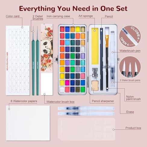 Watercolor Paint Set, 50 Colors Portable Travel Water Color Kit with 6 Brushes, 8 Watercolor papers, Palette and Accessories, Non-Toxic Art Supplies Gift for Kids, Adults, Artists and Hobbyists in Kuwait