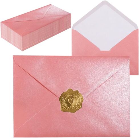 A7 مظاريف وردية ذاتية الخارق ذاتية 50 قطعة - 5 × 7 بوصات (5.31 × 7.67in) Premium 120g Pearl Glitter Paper - قابلة للطباعة وقابلة للكتابة لدعوات الزفاف ، وبطاقات المعايدة - تشمل ملصقات الذهب in Kuwait