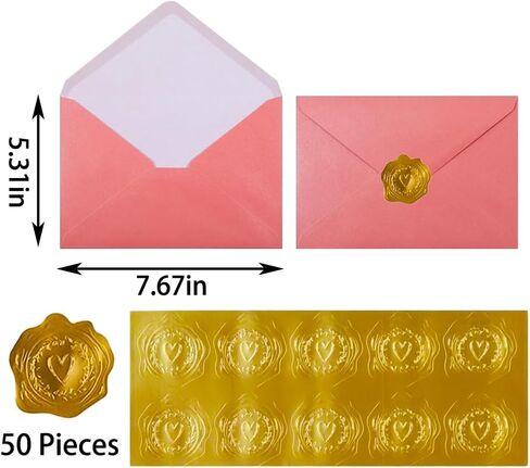 A7 مظاريف وردية ذاتية الخارق ذاتية 50 قطعة - 5 × 7 بوصات (5.31 × 7.67in) Premium 120g Pearl Glitter Paper - قابلة للطباعة وقابلة للكتابة لدعوات الزفاف ، وبطاقات المعايدة - تشمل ملصقات الذهب in Kuwait