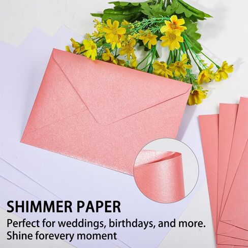 A7 مظاريف وردية ذاتية الخارق ذاتية 50 قطعة - 5 × 7 بوصات (5.31 × 7.67in) Premium 120g Pearl Glitter Paper - قابلة للطباعة وقابلة للكتابة لدعوات الزفاف ، وبطاقات المعايدة - تشمل ملصقات الذهب in Kuwait