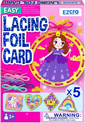 Ezcra Premium Foil Edge Lacing Cards للأطفال الذين تتراوح أعمارهم بين 3-6 | 5 بطاقات الأميرة وحيدة الخياطة يونيكورن مع التعلم متعدد اللغات | طقم نشاط مهارات المحرك الدقيقة من الورق المقوى in Kuwait
