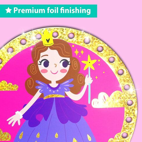 Ezcra Premium Foil Edge Lacing Cards للأطفال الذين تتراوح أعمارهم بين 3-6 | 5 بطاقات الأميرة وحيدة الخياطة يونيكورن مع التعلم متعدد اللغات | طقم نشاط مهارات المحرك الدقيقة من الورق المقوى in Kuwait