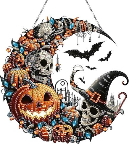 هالوين معلقة مجموعات فن الماس للبالغين ، رعب DIY خاص بحرون الحرف اليدوية الحرف اليدوية ، قمر القمر ، خفافيش اليقطين الساحرة أكريليك الماس معلقة in Kuwait