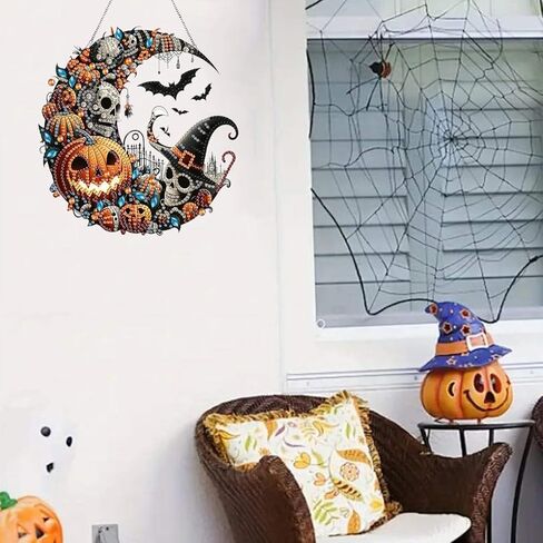 هالوين معلقة مجموعات فن الماس للبالغين ، رعب DIY خاص بحرون الحرف اليدوية الحرف اليدوية ، قمر القمر ، خفافيش اليقطين الساحرة أكريليك الماس معلقة in Kuwait