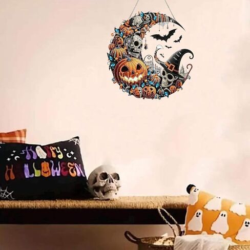 هالوين معلقة مجموعات فن الماس للبالغين ، رعب DIY خاص بحرون الحرف اليدوية الحرف اليدوية ، قمر القمر ، خفافيش اليقطين الساحرة أكريليك الماس معلقة in Kuwait