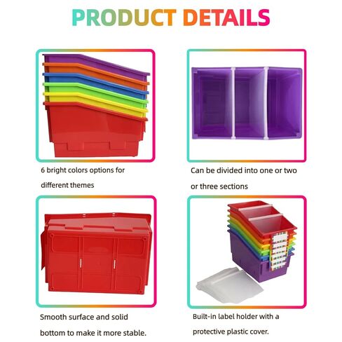 6 صناديق منظم الكتب المصورة مع المقسمات ، حاملي الكتب البلاستيكية الكبيرة مع الملصقات ، حاوية تخزين تنظيم الفصول الدراسية متعددة الأغراض لمكتبة الفصول الدراسية (قوس قزح) in Kuwait