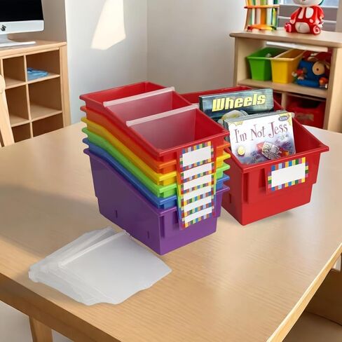 6 صناديق منظم الكتب المصورة مع المقسمات ، حاملي الكتب البلاستيكية الكبيرة مع الملصقات ، حاوية تخزين تنظيم الفصول الدراسية متعددة الأغراض لمكتبة الفصول الدراسية (قوس قزح) in Kuwait