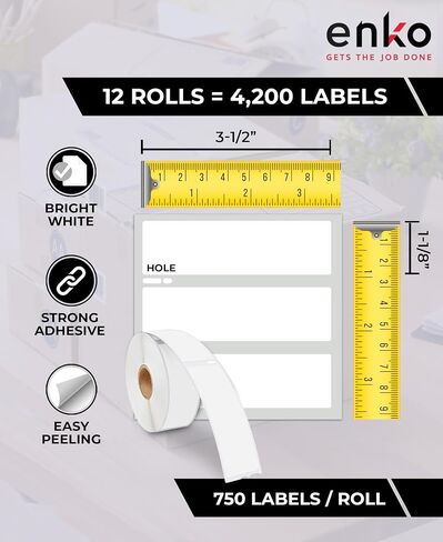 enKo Compatible for Dymo 30252 Labels (1-1/8" x 3-1/2") - Label for Dymo Labelwriter 450 Turbo Printer and 4XL - Blank White Direct Thermal Address, Shipping & Barcode Labels (12 Rolls | 4,200 Labels) in Saudi Arabia