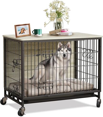 Dog Crate Furniture, 38.6" Modern Double-Door Dog House with Pull-Out Tray, Heavy-Duty Wooden Kennel & Removable Wheels, Side Table for Large Dog Sizes, Rustic Gray in Saudi Arabia