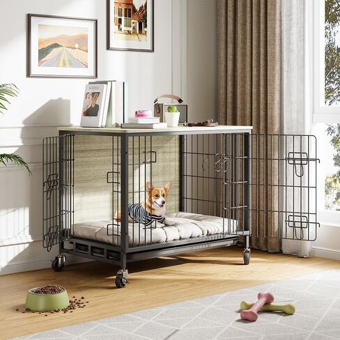 Dog Crate Furniture, 38.6" Modern Double-Door Dog House with Pull-Out Tray, Heavy-Duty Wooden Kennel & Removable Wheels, Side Table for Large Dog Sizes, Rustic Gray in Saudi Arabia