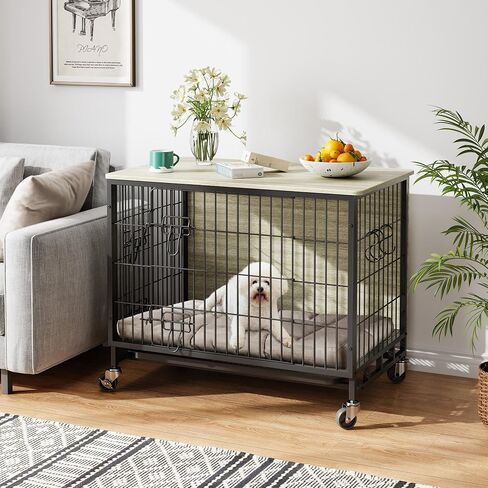 Dog Crate Furniture, 38.6" Modern Double-Door Dog House with Pull-Out Tray, Heavy-Duty Wooden Kennel & Removable Wheels, Side Table for Large Dog Sizes, Rustic Gray in Saudi Arabia