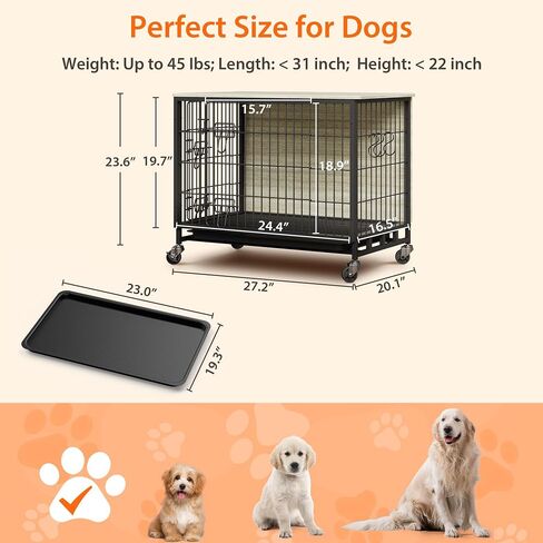 Dog Crate Furniture, 38.6" Modern Double-Door Dog House with Pull-Out Tray, Heavy-Duty Wooden Kennel & Removable Wheels, Side Table for Large Dog Sizes, Rustic Gray in Saudi Arabia