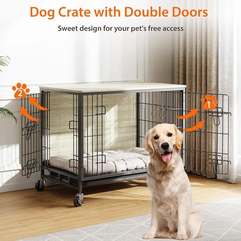 Dog Crate Furniture, 38.6" Modern Double-Door Dog House with Pull-Out Tray, Heavy-Duty Wooden Kennel & Removable Wheels, Side Table for Large Dog Sizes, Rustic Gray in Saudi Arabia