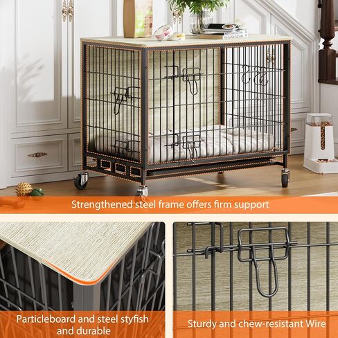 Dog Crate Furniture, 38.6" Modern Double-Door Dog House with Pull-Out Tray, Heavy-Duty Wooden Kennel & Removable Wheels, Side Table for Large Dog Sizes, Rustic Gray in Saudi Arabia