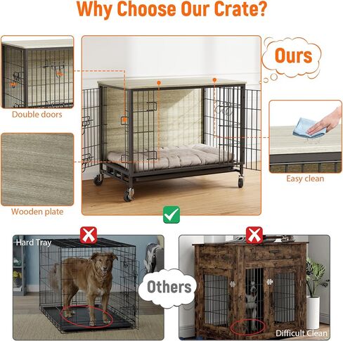 Dog Crate Furniture, 38.6" Modern Double-Door Dog House with Pull-Out Tray, Heavy-Duty Wooden Kennel & Removable Wheels, Side Table for Large Dog Sizes, Rustic Gray in Saudi Arabia