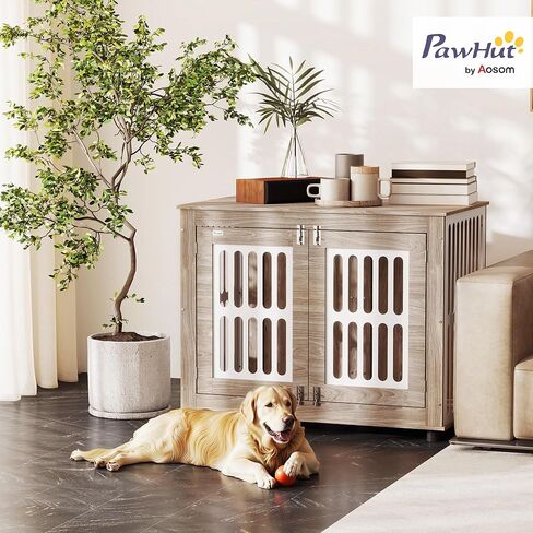 Pawhut Dog Crate Furniture ، 39 "Cog Cennel Side Table With 2 Doors ، Fast Foot Fats ، Discorative Pet Cage للكلاب الكبيرة ، Brown Walnut Brown in Saudi Arabia