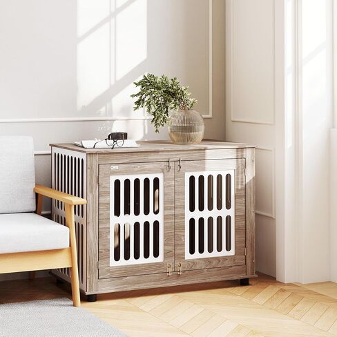 Pawhut Dog Crate Furniture ، 39 "Cog Cennel Side Table With 2 Doors ، Fast Foot Fats ، Discorative Pet Cage للكلاب الكبيرة ، Brown Walnut Brown in Saudi Arabia