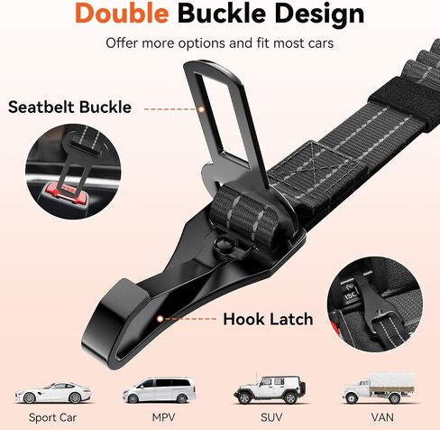 Dog Seat Belt, Dog Car Seat Belt Bungee, Car Harness for Pet with Buckle & Hook Latch, Safety Leash Vehicle, Adjustable Reflective Pet Vehicle Tether, 360° Swivel Lock Clasp, Black in Kuwait