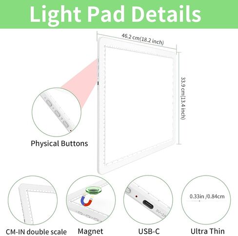 KOBAIBAN A3 Magnetic Light Pad with Bag, Rechargeable Diamond Art Light Board with Side Physical Buttons, 3 Color Light Modes Super Bright Light Table Light Box for Tracing, Drawing, Sketching (White) in Saudi Arabia