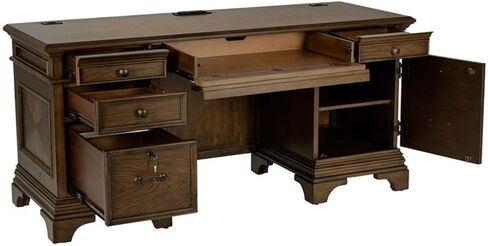 Pemberly Row 66" Wood 5-Drawers Credenza Office Desk in Burnish Oak in Saudi Arabia