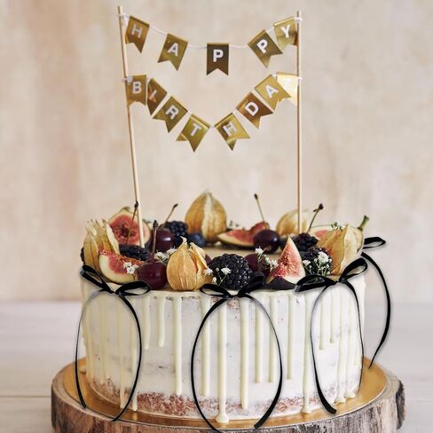 قطرات القوس السوداء العليا 11 PCS Coquette Ribbons Bowknot Cake Topper مع علامة عيد ميلاد سعيد لزخارف كعكة حفل زفاف عيد ميلاد الطفل in Kuwait